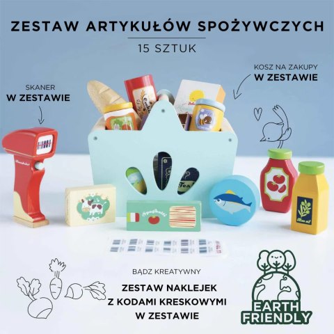 Drewniany koszyk z zakupami i skanerem – zabawa w sklep dla dzieci