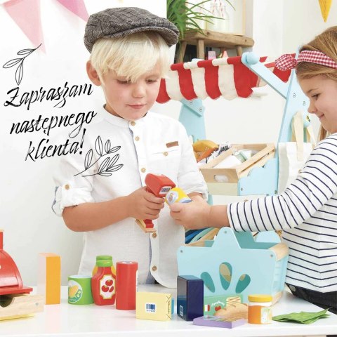 Drewniany koszyk z zakupami i skanerem – zabawa w sklep dla dzieci