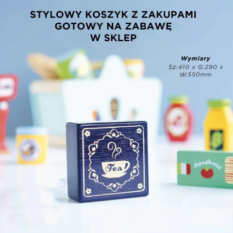 Drewniany koszyk z zakupami i skanerem – zabawa w sklep dla dzieci