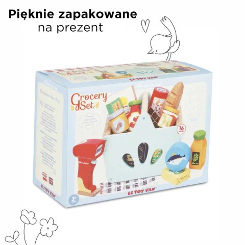 Drewniany koszyk z zakupami i skanerem – zabawa w sklep dla dzieci