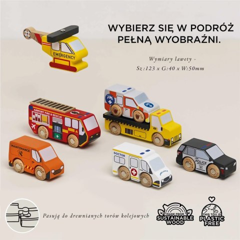 Drewniane pojazdy ratunkowe – zestaw 7 aut i helikoptera, zabawka dla dzieci Drewniane pojazdy ratunkowe – zestaw 7 aut i helikoptera, zabawka dla dzieci