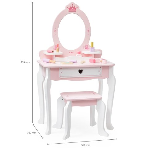 Duża toaletka drewniana biało-różowa z lustrem, krzesełkiem i akcesoriami