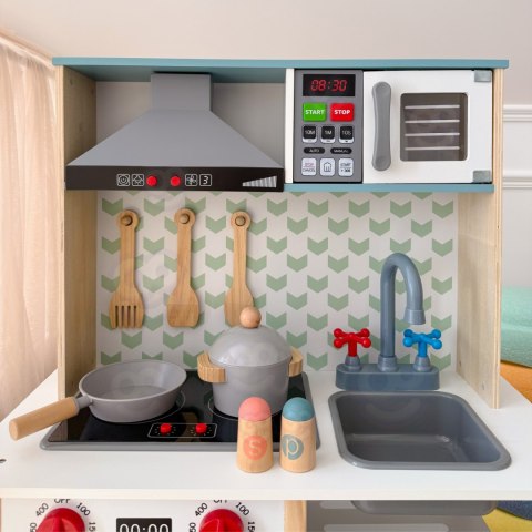 Duża drewniana kuchnia dla dzieci z efektami świetlnymi i dźwiękowymi – 10 elementów, FSC