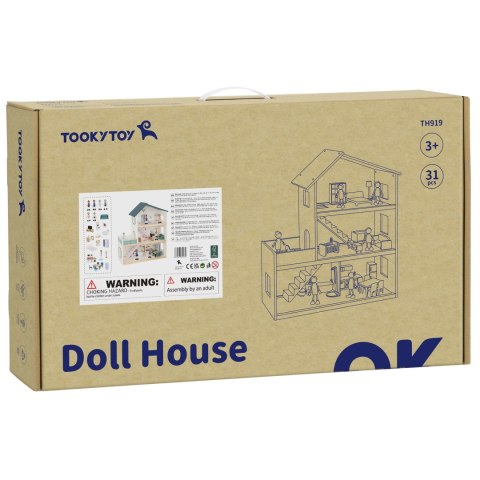 Duży drewniany domek dla lalek z figurkami i meblami – nowoczesny design FSC