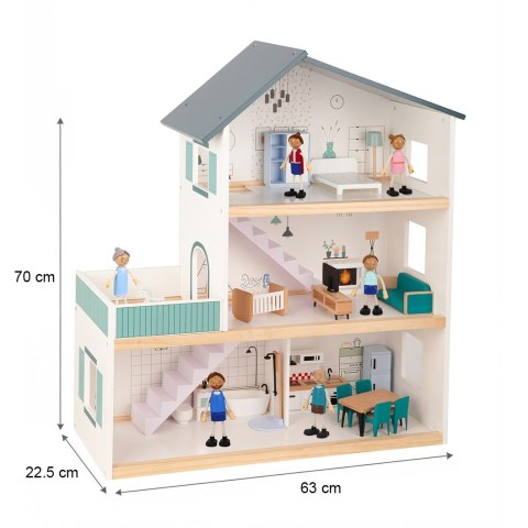 Duży drewniany domek dla lalek z figurkami i meblami – nowoczesny design FSC